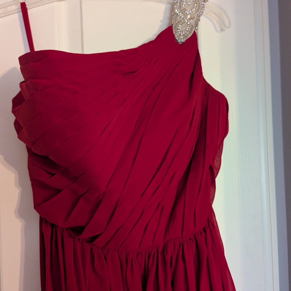 Red One-Shoulder Cocktail Prom Gown With Custom Removable Belt & Rhinestone Trim